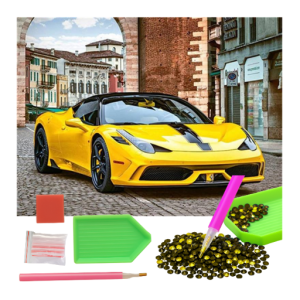 MOZAIKA DIAMENTOWA - AUTO SPORTOWE ŻÓŁTE NA BRUKOWANEJ ULICY