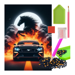 MOZAIKA DIAMENTOWA - AUTO CZARNY MUSTANG I PŁOMIENIE