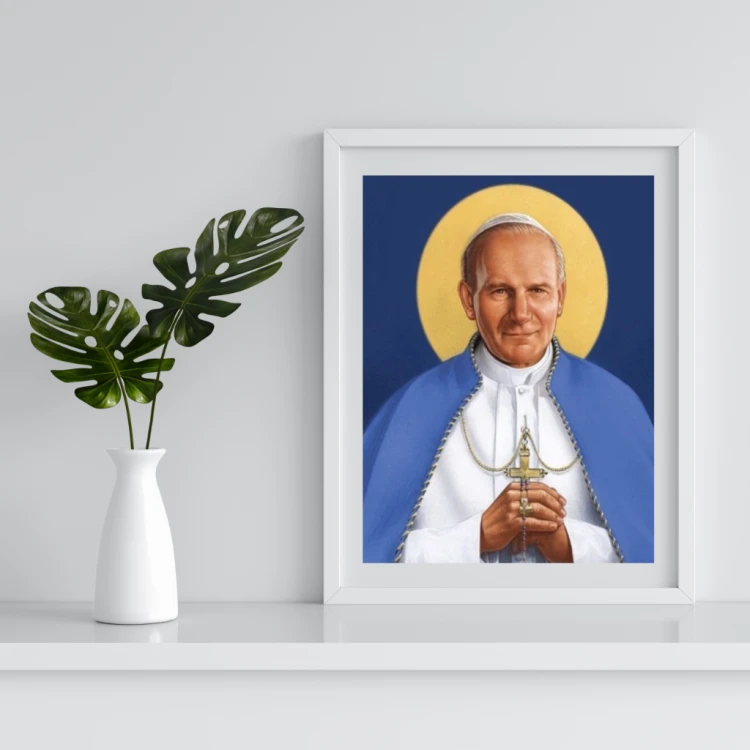 MOZAIKA DIAMENTOWA - ŚWIĘTE OBRAZKI PAPIEŻ Z RÓŻAŃCEM NA NIEBIESKIM TLE