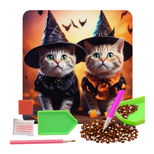 MOZAIKA DIAMENTOWA - HALLOWEEN KOTY W KAPELUSZACH WIEDŹMY