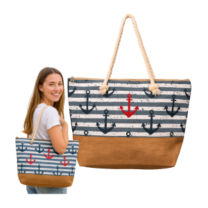 Torba plażowa XXL na zamek w pasy małe kotwice niebieska shopper na plażę i zakupy