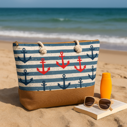 Torba plażowa XXL na zamek w pasy małe kotwice niebieska shopper na plażę i zakupy