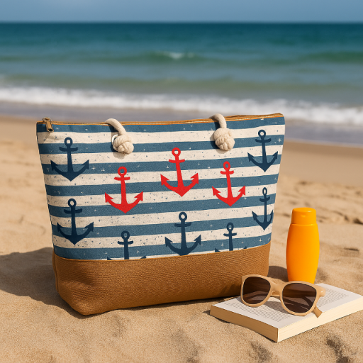 Torba plażowa XXL na zamek w pasy małe kotwice niebieska shopper na plażę i zakupy