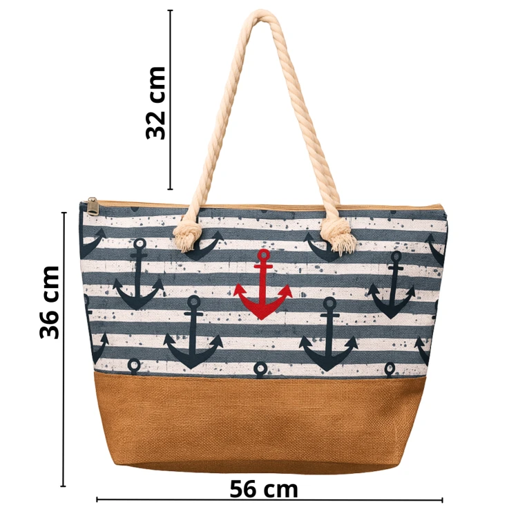 Torba plażowa XXL na zamek w pasy małe kotwice niebieska shopper na plażę i zakupy