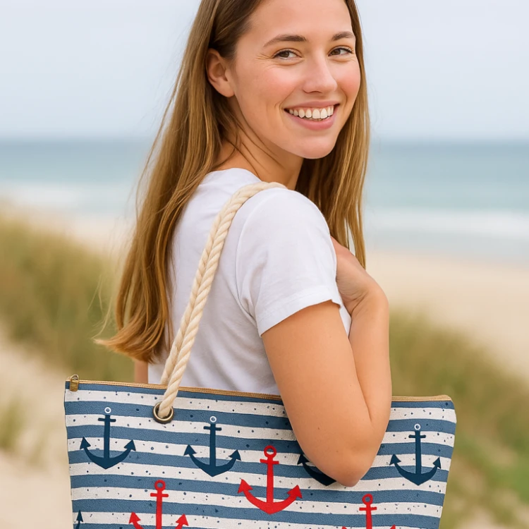 Torba plażowa XXL na zamek w pasy małe kotwice niebieska shopper na plażę i zakupy