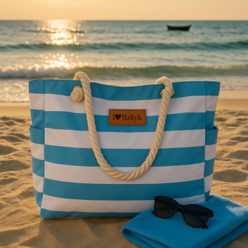 Torba plażowa na zamek w pasy niebieska XXL shopper z kieszeniami