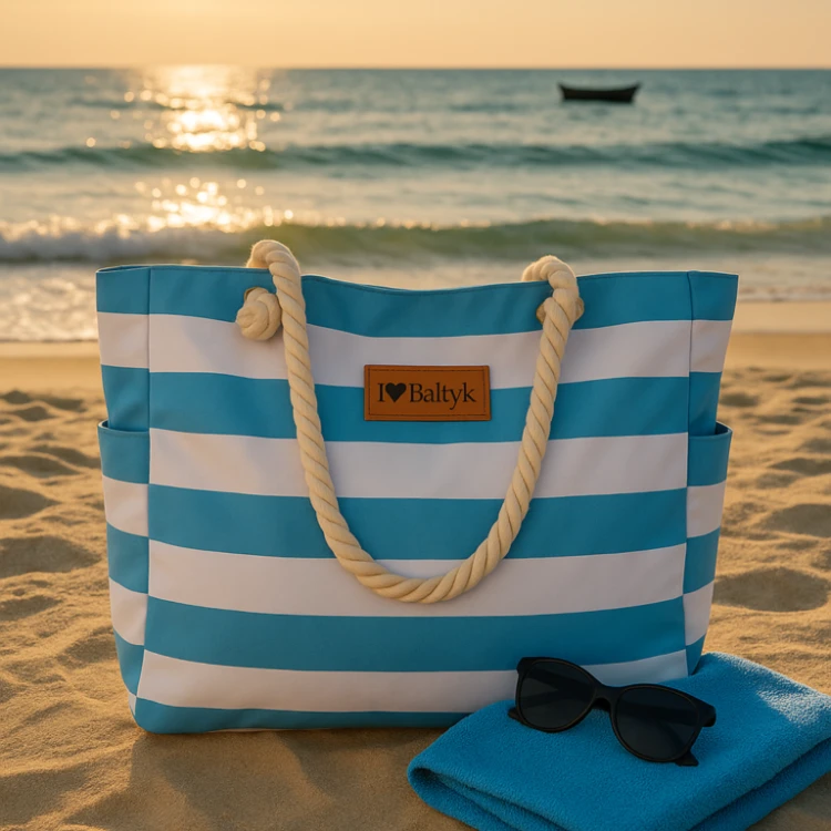 Torba plażowa na zamek w pasy niebieska XXL shopper z kieszeniami