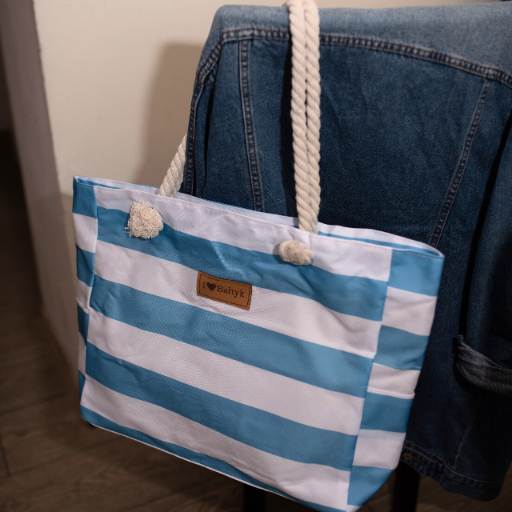 Torba plażowa na zamek w pasy niebieska XXL shopper z kieszeniami