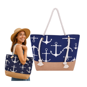 Torba plażowa na zamek w pasy duże kotwice niebieska shopper XXL