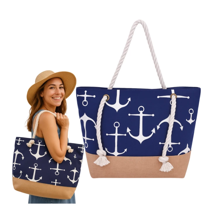 Torba plażowa na zamek w pasy duże kotwice niebieska shopper XXL