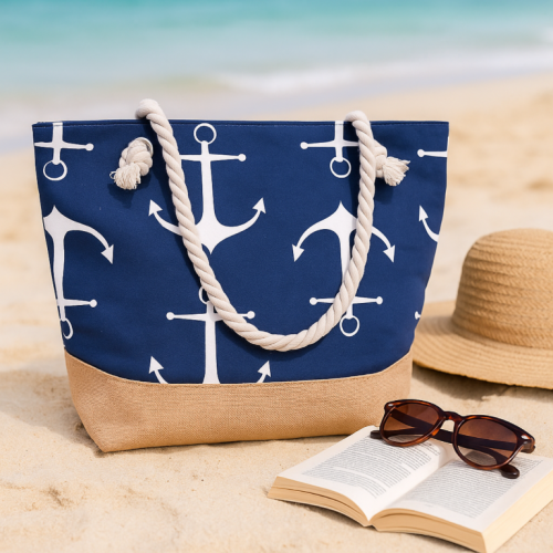 Torba plażowa na zamek w pasy duże kotwice niebieska shopper XXL
