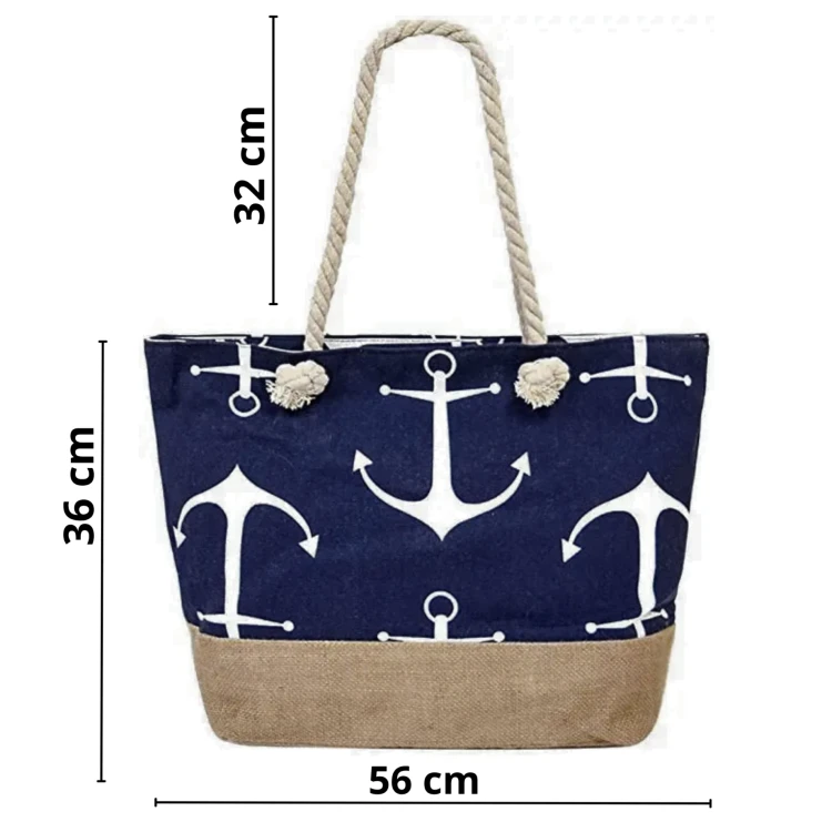 Torba plażowa na zamek w pasy duże kotwice niebieska shopper XXL
