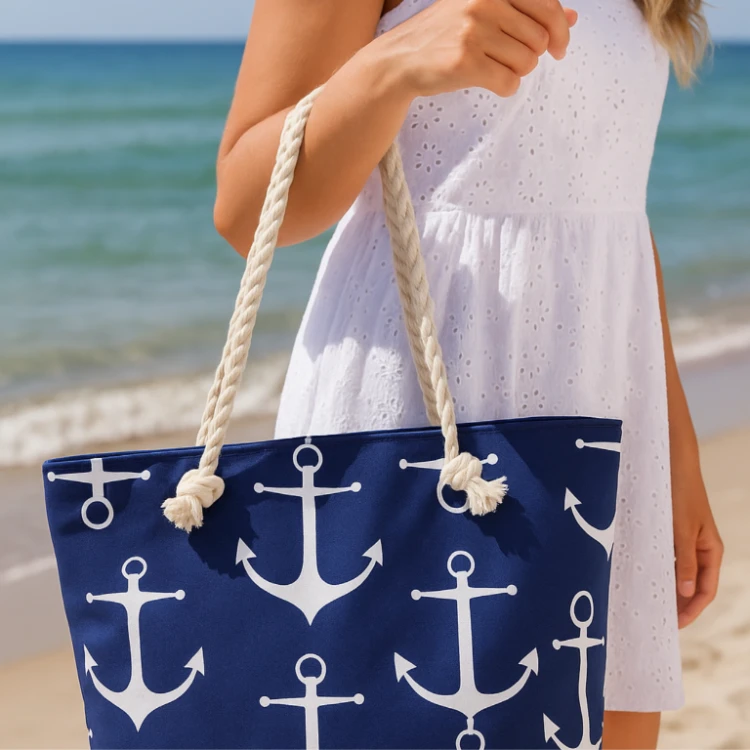 Torba plażowa na zamek w pasy duże kotwice niebieska shopper XXL