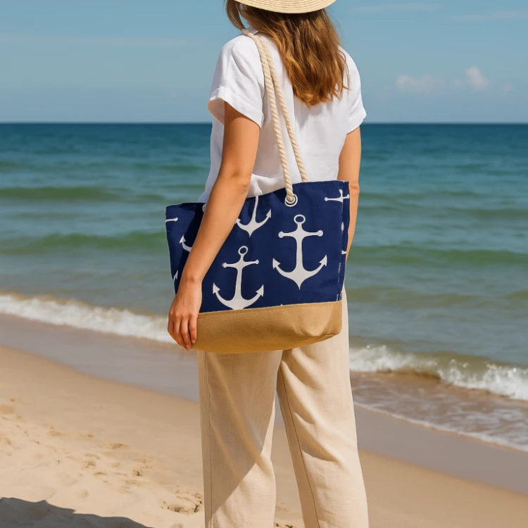 Torba plażowa na zamek w pasy duże kotwice niebieska shopper XXL
