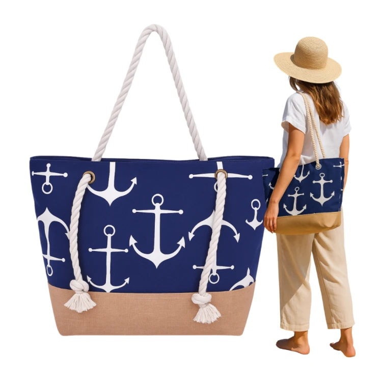 Torba plażowa na zamek w pasy duże kotwice niebieska shopper XXL