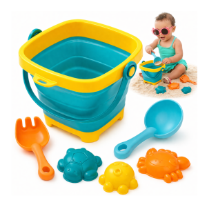 Składane wiadro na wodę z foremkami łopatką i grabkami zestaw do piasku dla dzieci