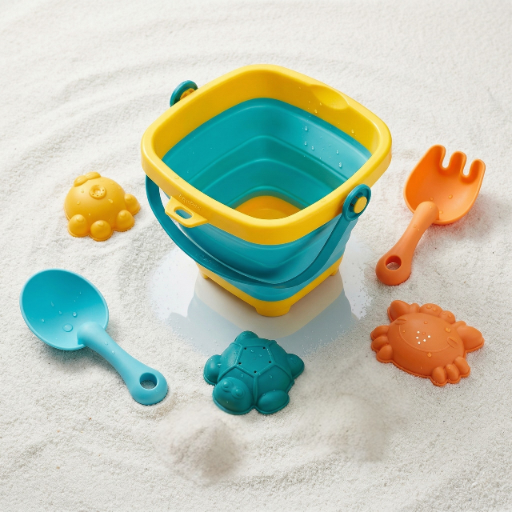 Składane wiadro na wodę z foremkami łopatką i grabkami zestaw do piasku dla dzieci