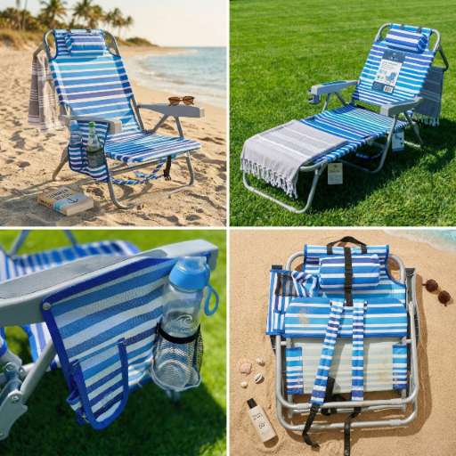 Leżak plażowy składany z kieszonkami turystyczny na plażę i do ogrodu