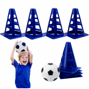 Pachołki treningowe piłkarskie 4 sztuki niebieskie z piłką zestaw dla dzieci