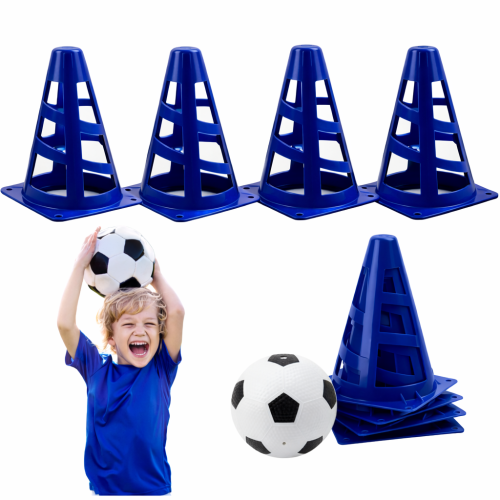 Pachołki treningowe piłkarskie 4 sztuki niebieskie z piłką zestaw dla dzieci
