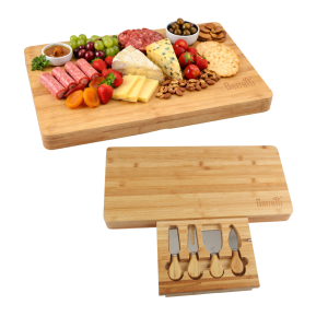 Deska do krojenia Berretti bambusowa z wysuwaną szufladą i 4 nożami do serów