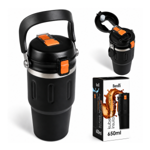 Kubek termiczny Berretti 650 ml czarny szczelny ze słomką do kawy i wody