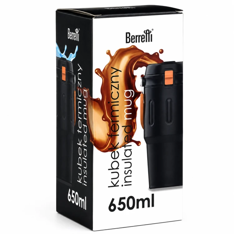 Kubek termiczny Berretti 650 ml czarny szczelny ze słomką do kawy i wody