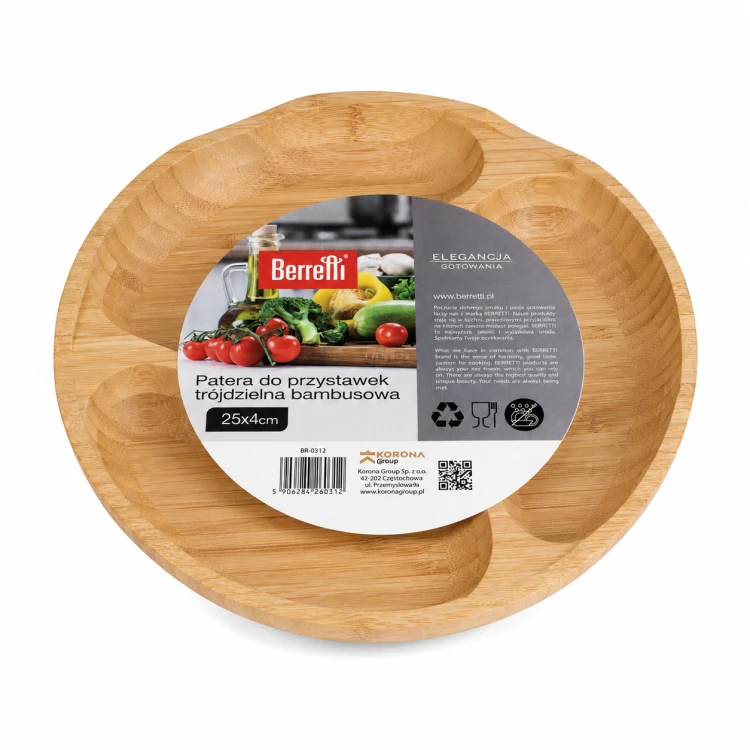 Patera trójdzielna Berretti bambusowa 25x4 cm talerz do przystawek i sera