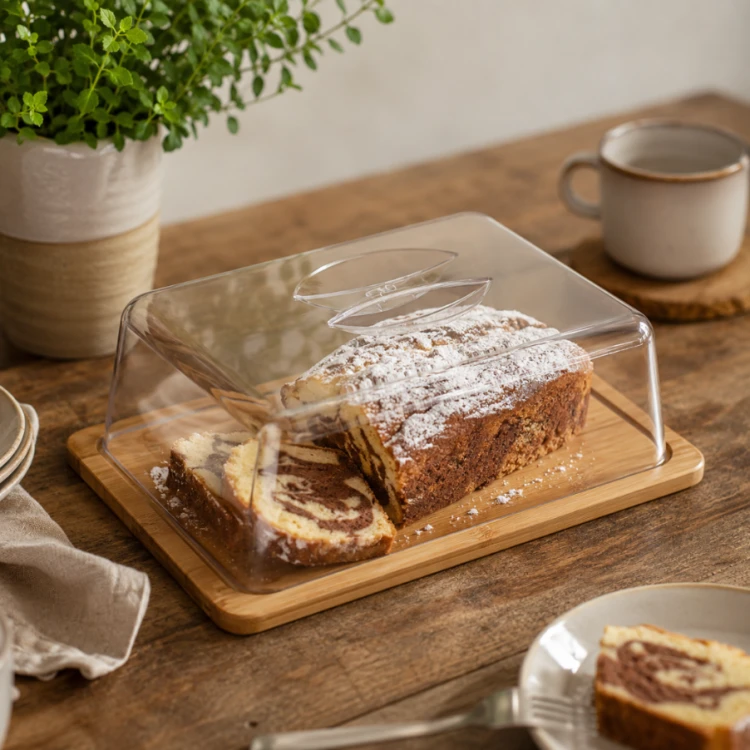 Patera na ciasto bambusowa 24 cm z pokrywą kloszem taca kuchenna na stół