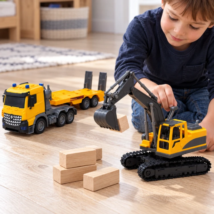 Ciężarówka Laweta 58 cm z Koparką Gąsienicową Napęd Światło Dźwięk Zabawka