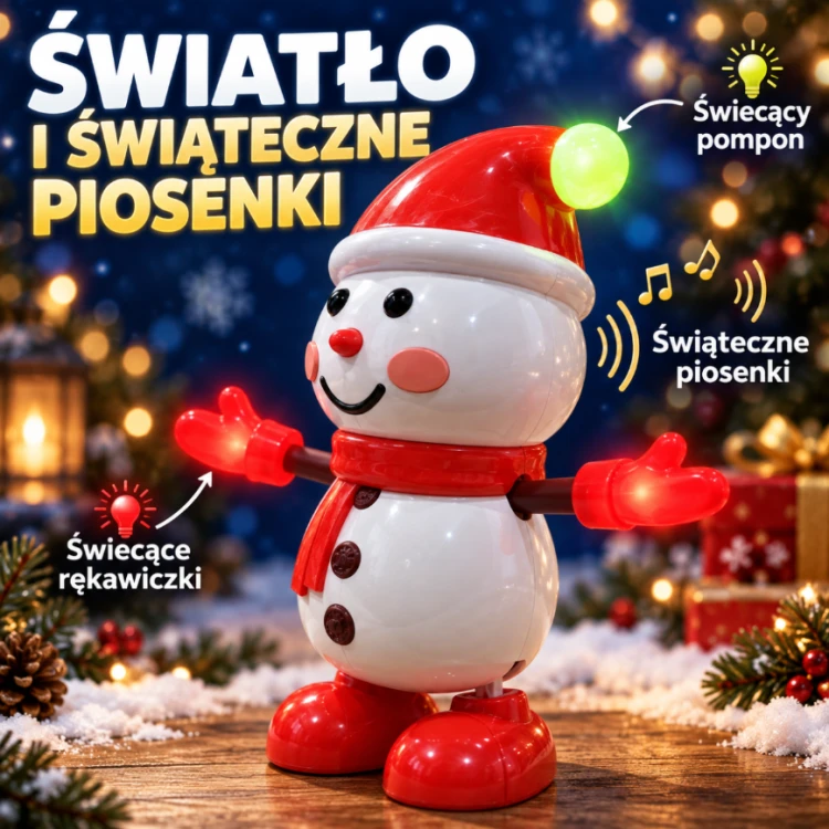 Tańczący Bałwanek Świąteczny Muzyka Światła 2 Tryby Ruchome Ręce Zabawka