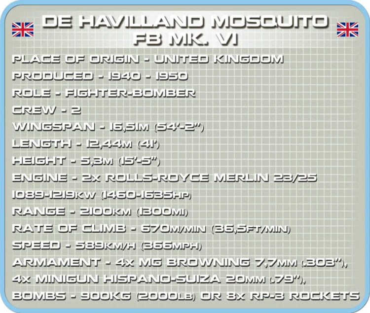 KLOCKI COBI 5718 Samolot De Havilland Mosquito FB Mk.VI HC WWII 452EL